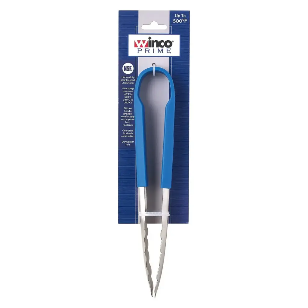 WINCO UT-9HP-B 9" Blue Utility Tongs PVC Coated