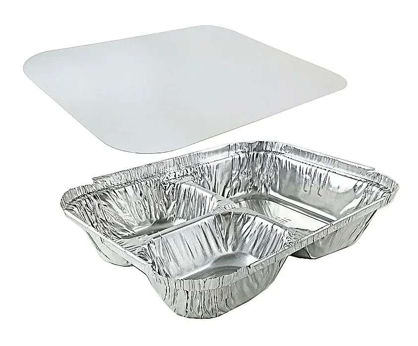 Durable Packaging 210-35-P250 3 Compartment Oblong Take-Out Foil Container With Clear Dome Lid, 250 Combo Pack