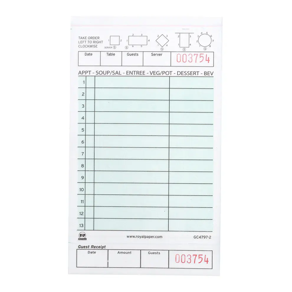 Guest Check Carbonless 3 Part Green 13 Line
